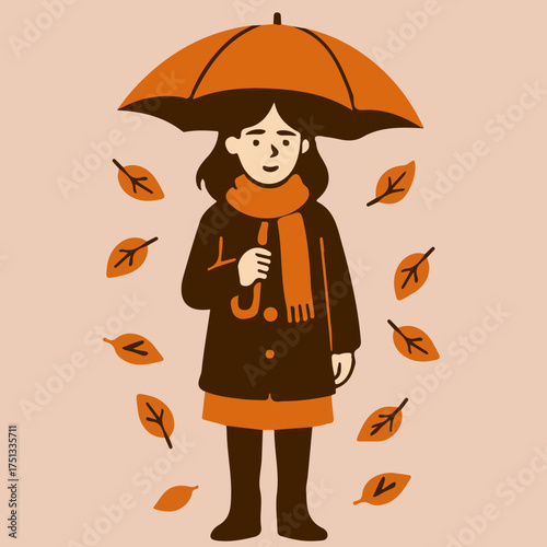 Vector illustration of girl under umbrella with falling leaves instead of rain
