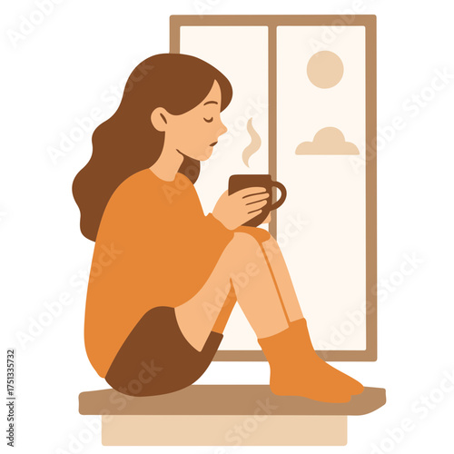 Vector illustration of girl sitting on a windowsill with a cup of hot drink
