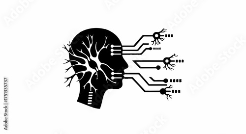 Abstract representation of artificial intelligence within a human head silhouette, symbolizing neural networks and digital connection.