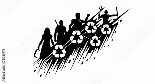 Diverse group of stylized figures marching forward with recycling symbols, representing collective environmental action and progress.