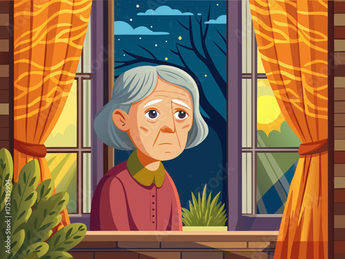 vector of The old woman looks out of the window sadly. A great sadness can be seen on the face of this old woman...