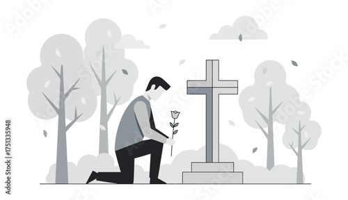 Illustration of Grief Process Man Kneeling at Grave with Rose Remembrance Death Loss