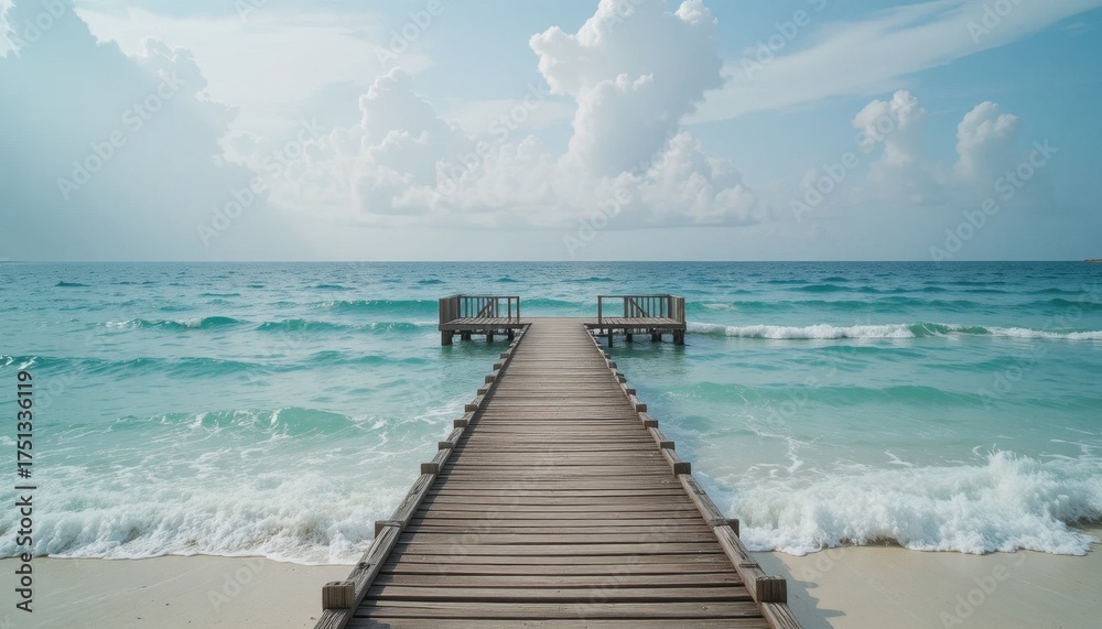 Fototapeta premium Scenic Wooden Pier Extending Into Calm Turquoise Waters Under a Beautiful Sky
