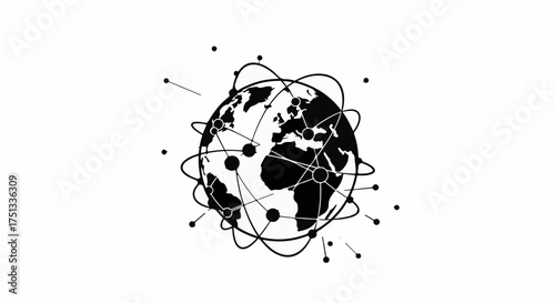 Global network connections visualized with a stylized earth and interconnected nodes.