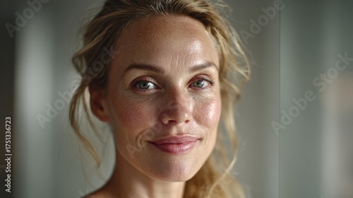 a blonde woman in her mid-30s, standing in front of a mirror in a modern, softly lit bathroom. She has fair skin, glowing and smooth without visible wrinkles, and her hair is loosely tied back
