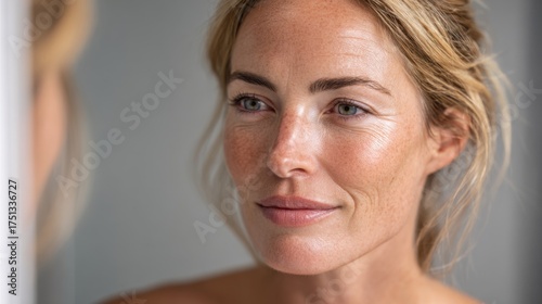 a blonde woman in her mid-30s, standing in front of a mirror in a modern, softly lit bathroom. She has fair skin, glowing and smooth without visible wrinkles, and her hair is loosely tied back

