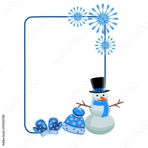 Holiday frame with snowman, mittens, hat, snowflakes, vector illustration