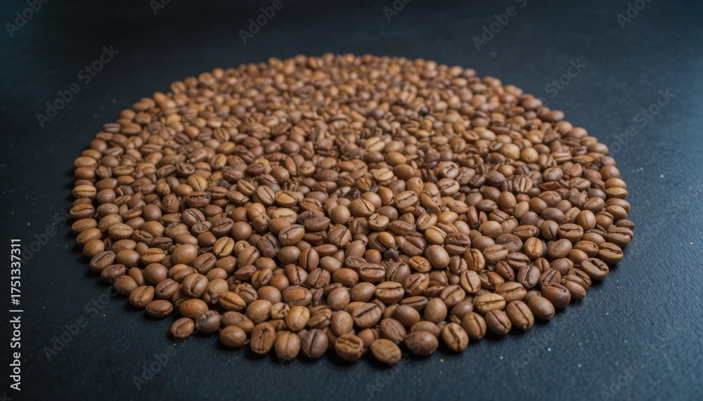 Naklejka premium Coffee Beans Arranged in a Circular Pattern on a Dark Surface Showcasing Their Rich Color and Texture