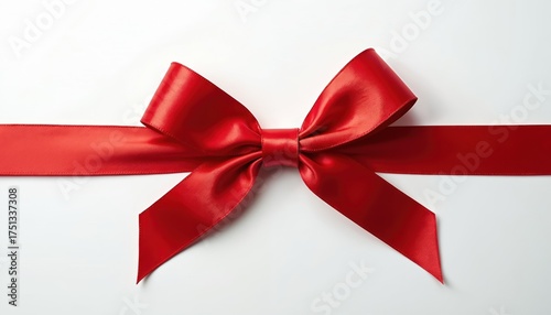 Shiny red satin ribbon bow is tied neatly, creating decorative element for gifts. Smooth silk material reflects light, adding touch of elegance. This isolated object sits on clean white background.