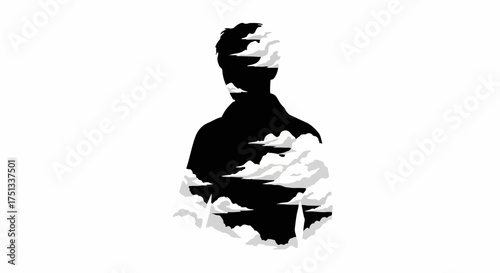 Silhouette of a person filled with clouds, representing dreams, imagination, or inner thoughts.