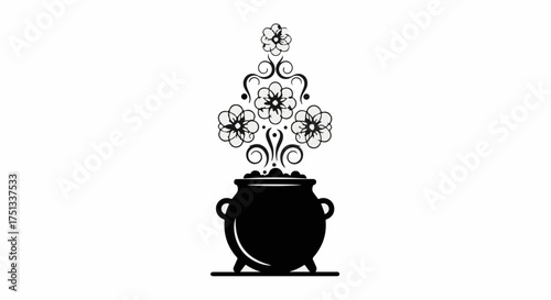 Magical cauldron overflowing with blooming floral swirls and enchanting steam