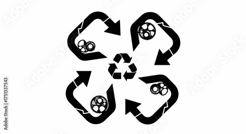 Circular arrows with recycling symbol and gears, symbolizing sustainable industry and environmental renewal.