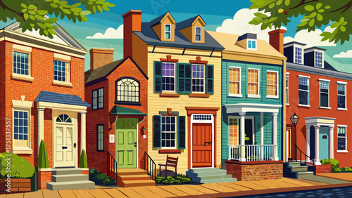 
Very beautiful Spite House in Alexandria Virginia, the narrowest historic home in America, standing charmingly between brick buildings with classic architecture and vibrant street details.