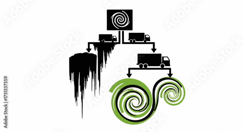 Logistics and recycling concept showing trucks distributing materials.