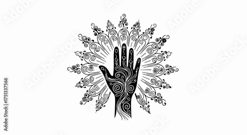 Intricate black henna tattoo adorns an open hand with decorative swirling patterns radiating outwards like a fan.