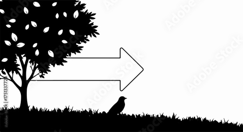 Bird rests in grass under a tree with a large arrow pointing to the right