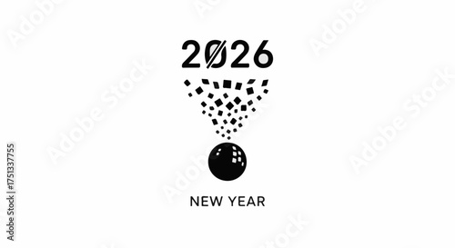 Symbolic representation of the year 2026 emerging from abstract particles into a bowling ball.