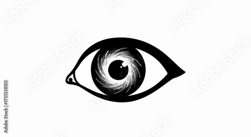 Abstract swirling pupil in a black and white eye illustration suggesting vision and perception