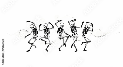 Five dancing skeletons in a whimsical, celebratory pose, suggesting a lively, spooky party.