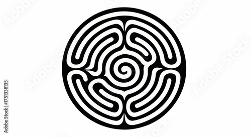 Intricate circular labyrinth symbol representing journey and mindfulness, isolated on white background.