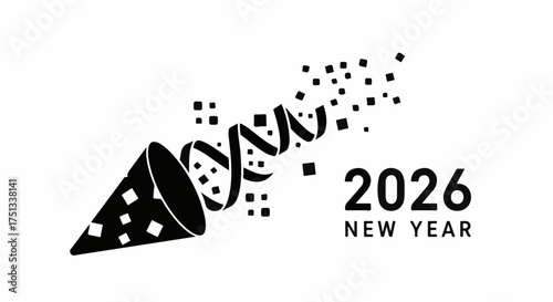 Festive party popper exploding with confetti and streamers for the new year 2026 celebration.