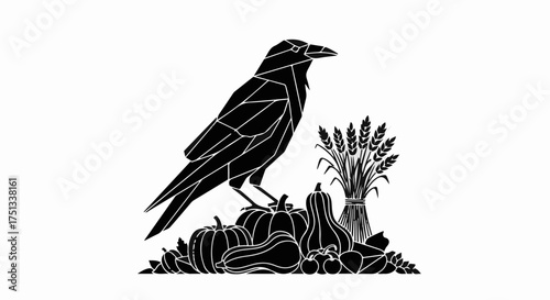 Mysterious raven perched atop a pile of autumn harvest vegetables and wheat