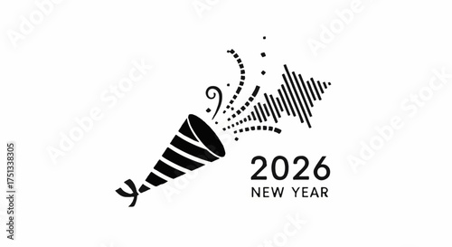 Festive confetti popper exploding with celebratory streamers and the year 2026 marking the new year.