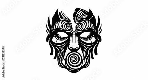Mysterious tribal mask with intricate swirling patterns on a white background.