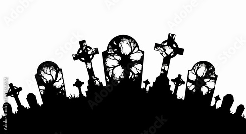 Spooky cemetery silhouette with gothic crosses under a pale sky