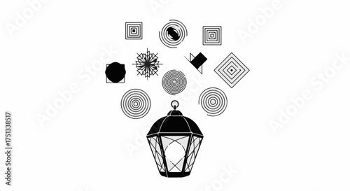 Vintage lantern illuminating abstract geometric patterns, symbolizing ideas and creativity