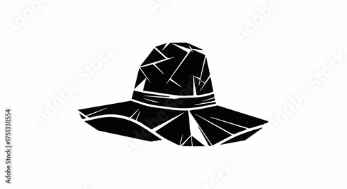 Abstract geometric black hat with wide brim and ribbon detail