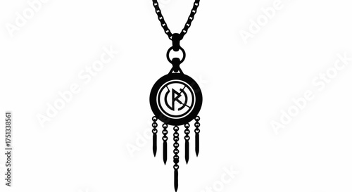 Ornate pendant necklace with intricate circular design and dangling elements, isolated on white.