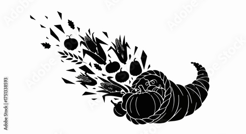 Abundant harvest spilling from a cornucopia in a stylized, graphic design