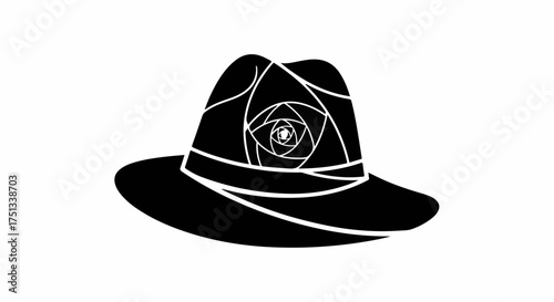 Stylized black fedora hat with abstract geometric rose pattern inside