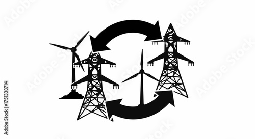 Renewable energy sources like wind turbines and power lines integrated in a circular diagram symbolizing sustainable power generation.