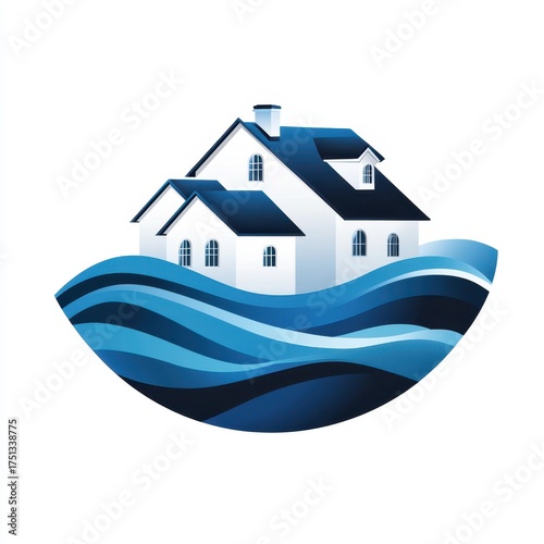 Stylized house on waves symbolizing stability and connection with nature in a serene coastal setting