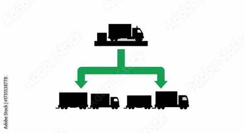 Logistics network illustration showing distribution from one central point to multiple delivery vehicles.