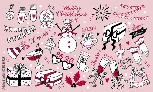 Christmas hand drawn vintage set in coquette core style. Xmas cute graphic elements with ribbons and bows, calligraphic slogans. Snowman, gifts, champagne glasses, decorations, toys. Vector artwork