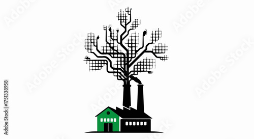Industrial factory transforming into a digital tree, symbolizing technological growth and innovation.