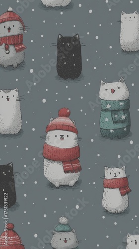 Cute cats dressed in winter attire playing in the snow during a festive season - Low Contrast