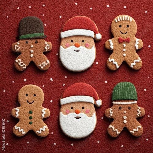Festive display of decorated gingerbread cookies on a red background during the holiday season