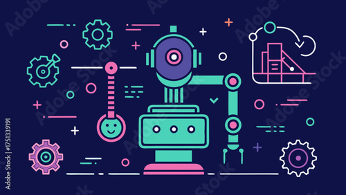 A whimsical illustration of a robotic arm and machinery with gears and graphs on a dark blue background, showcasing automation and technology