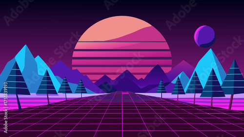 Retro futuristic landscape with neon grid and sunset creating a nostalgic and vibrant scene with a sense of speed and adventure in a digital world