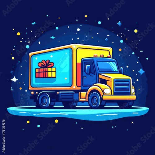delivery truck with presents against a starry background in a festive atmosphere