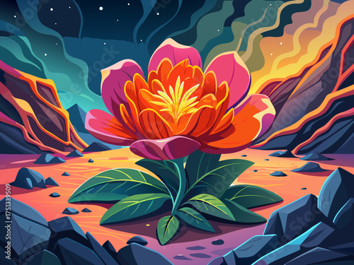 vector of A vibrant orange and pink flower blooms amidst dark volcanic rock, symbolizing resilience and beauty in harsh environments. Life among cold volcanoes...