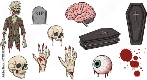 Halloween skull icons vector set with human anatomy elements and zombie