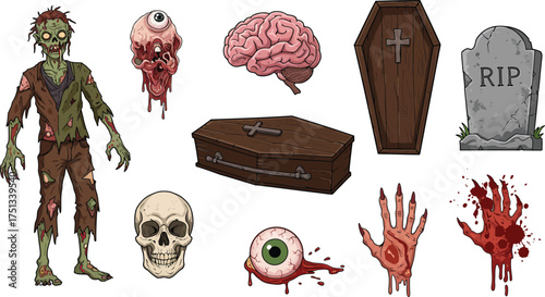 Halloween skull and crossbones monsters zombie icon set