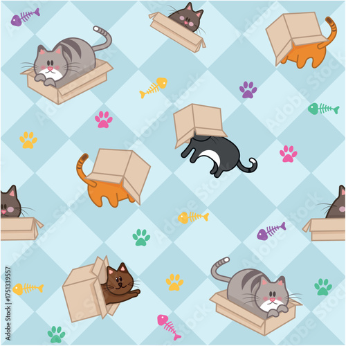 Cute Cats in Boxes Pattern – Playful Cartoon Kittens with Fish Bones and Paw Prints