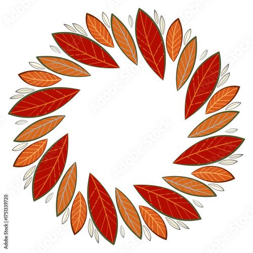 Autumn floral wreath of bright leaves. Autumnal floral ornament of leaves. Orange red leaves on white background. Fall seasonal plant illustration