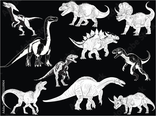ten dinosaurs sketches set isolated on black